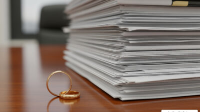 divorce costs wedding ring next to stack of legal documents