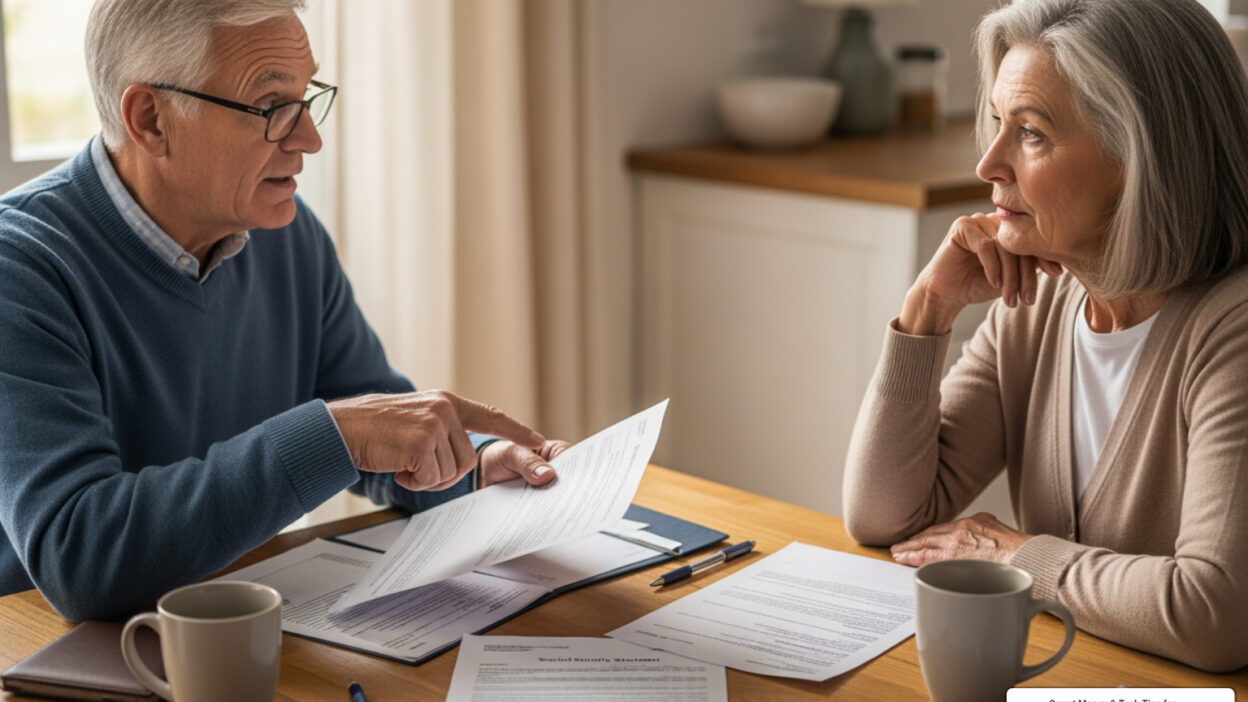 retired couple reviewing Social Security financial documents together
