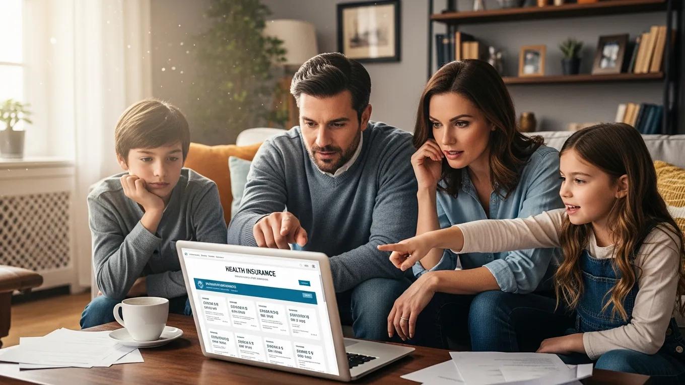 Family comparing health insurance quotes on a laptop