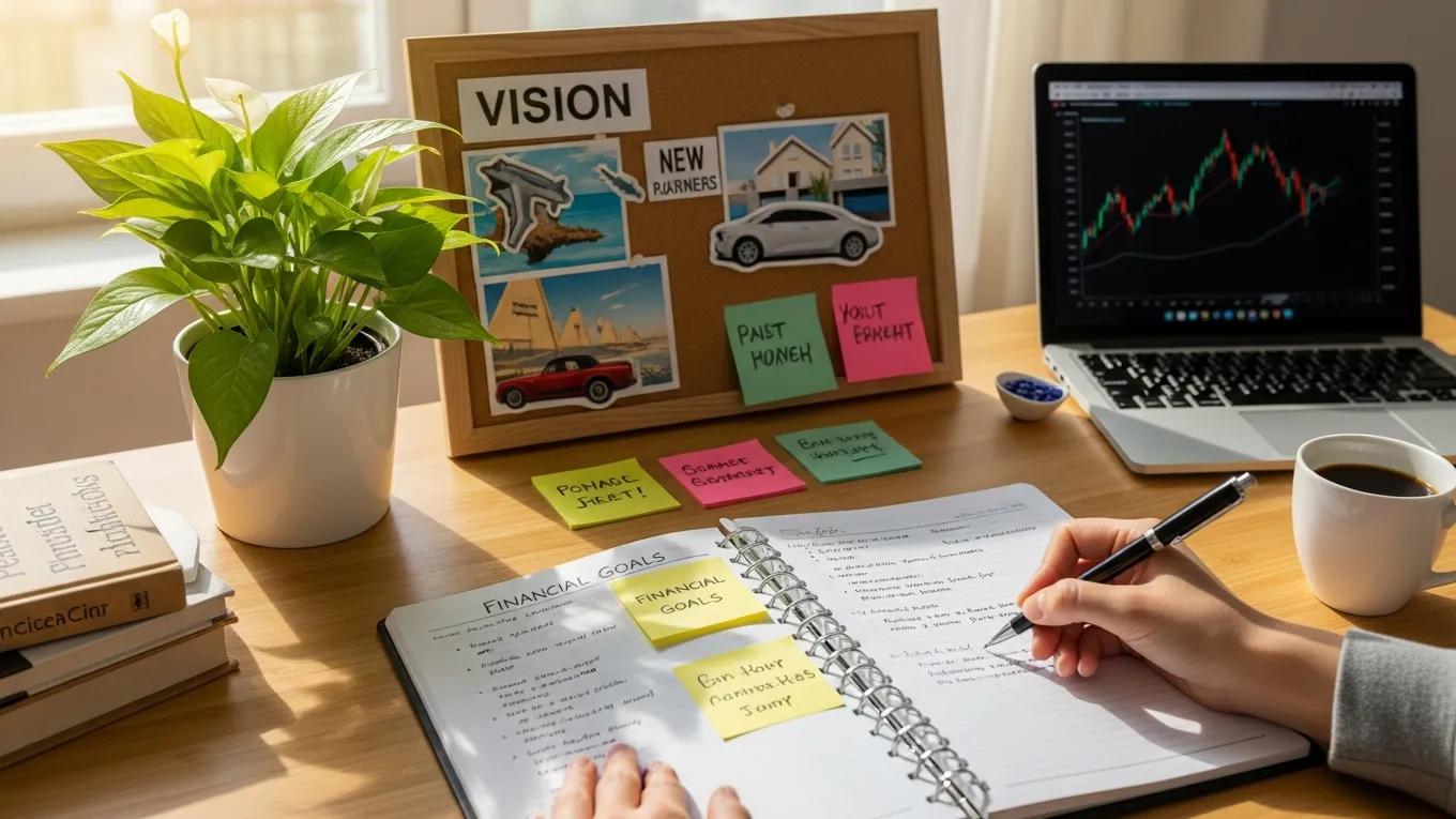 Person writing financial goals in a planner with motivational decor