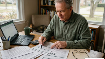 Social Security government pension retired worker reviewing financial documents