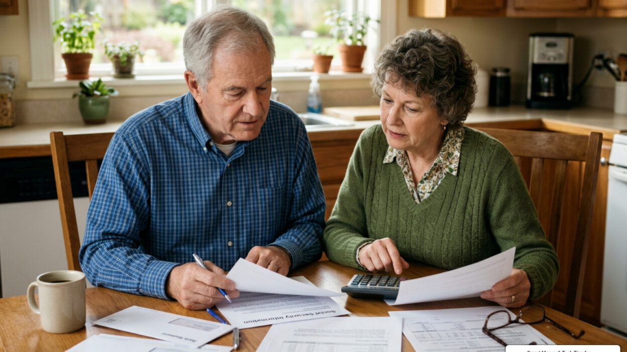 retired couple planning finances at kitchen table with Social Security documents
