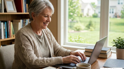retirement freelance writing jobs senior at laptop home office