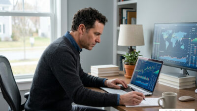 fidelity price per trade investor analyzing stock charts laptop