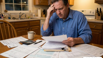 stressed taxpayer reviewing financial documents retirement planning tax season over-contribution