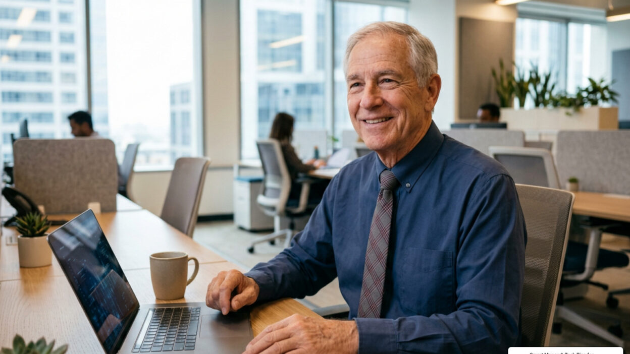 older worker in modern office setting smiling at desk