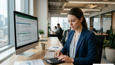 business analyst calculating net income on a financial spreadsheet